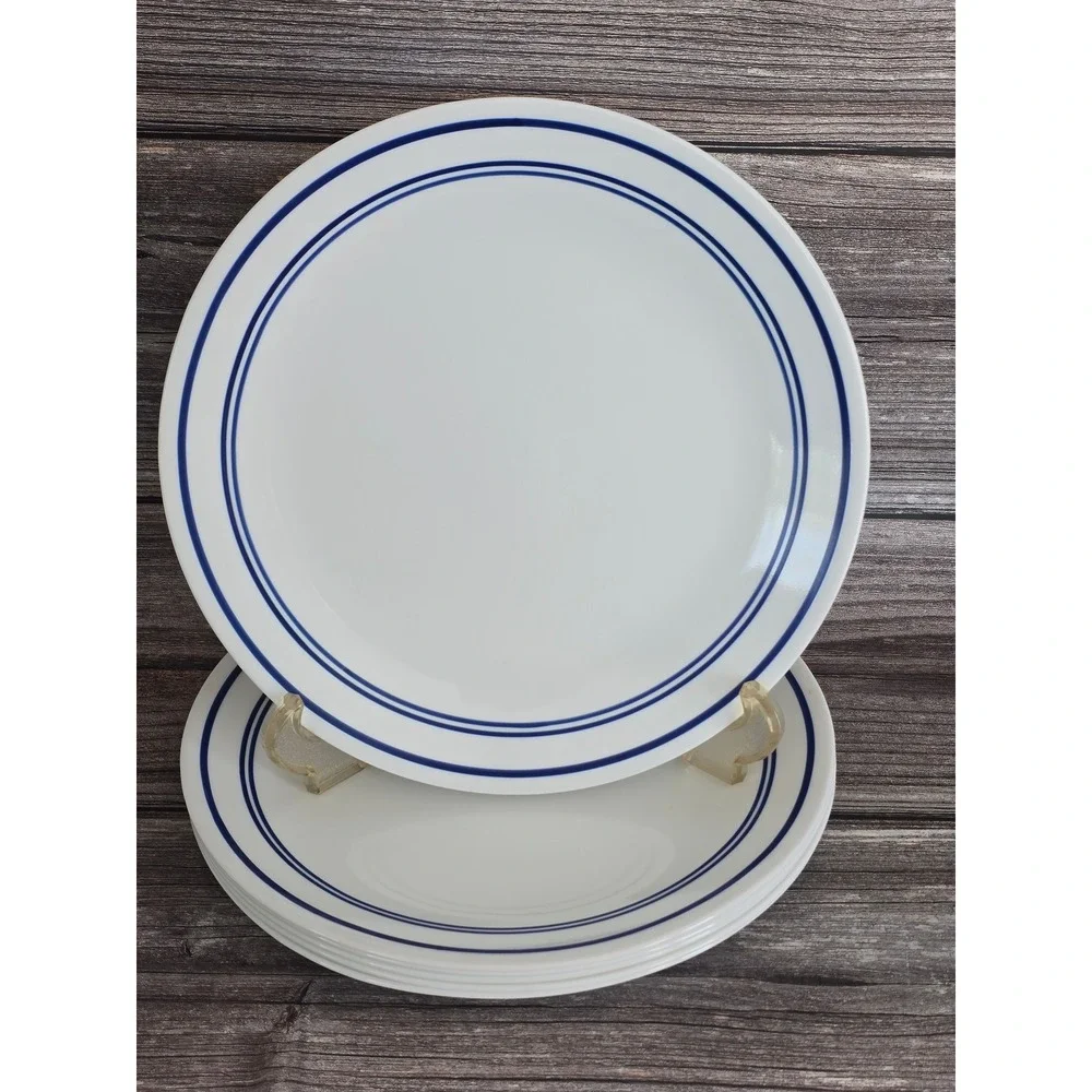6 Corelle Vitrelle Dinner Plates White with Blue Bands Rim Striped 10.25